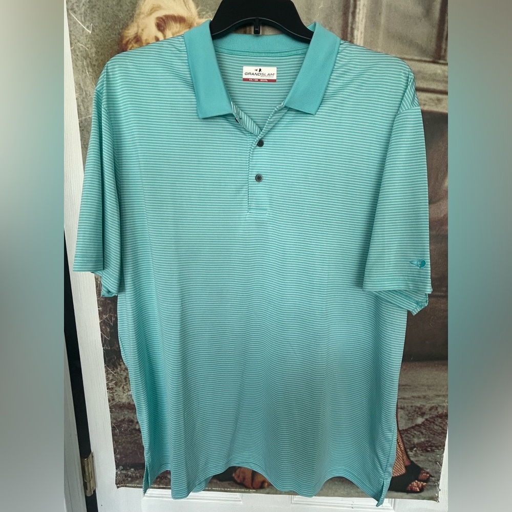 Men’s Grand Slam athletic fit golf shirt. Green w/ white stripes. Size XXL